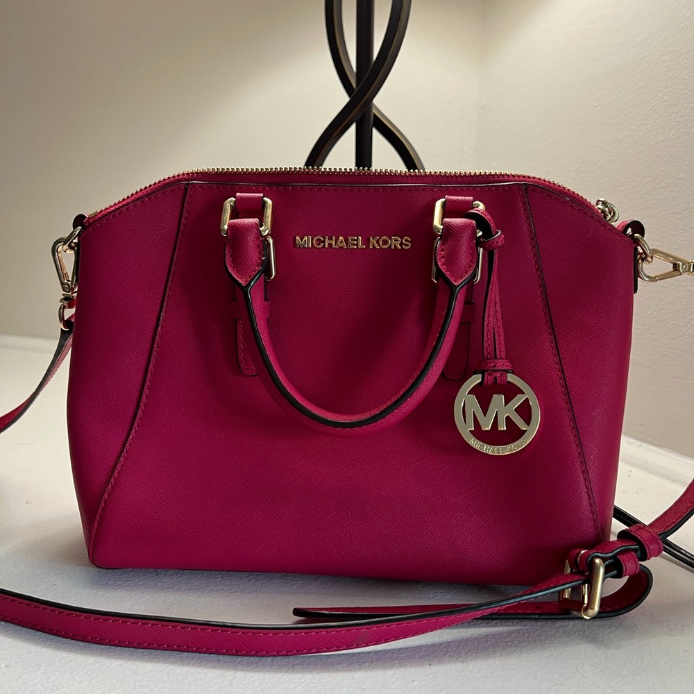 Michael Kors Ciara Medium Saffiano Leather Messenger Satchel in Ultra Pink